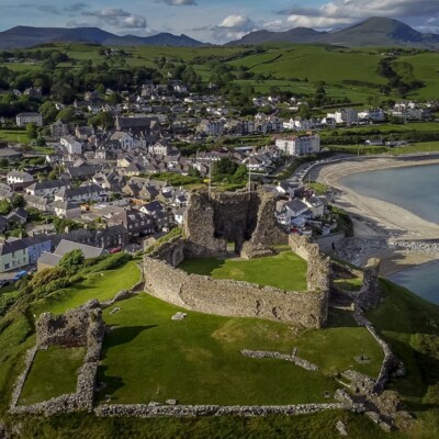Aerial view of Criccieth looking towards the Snowdonia mountains Aerial view of Criccieth looking towards the Snowdonia mountains